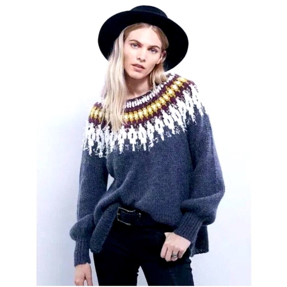 FREE PEOPLE Fairisle Knit Furry Sweater Wool Oversized Boho Streetwear 80s Y2K M - Picture 15 of 15